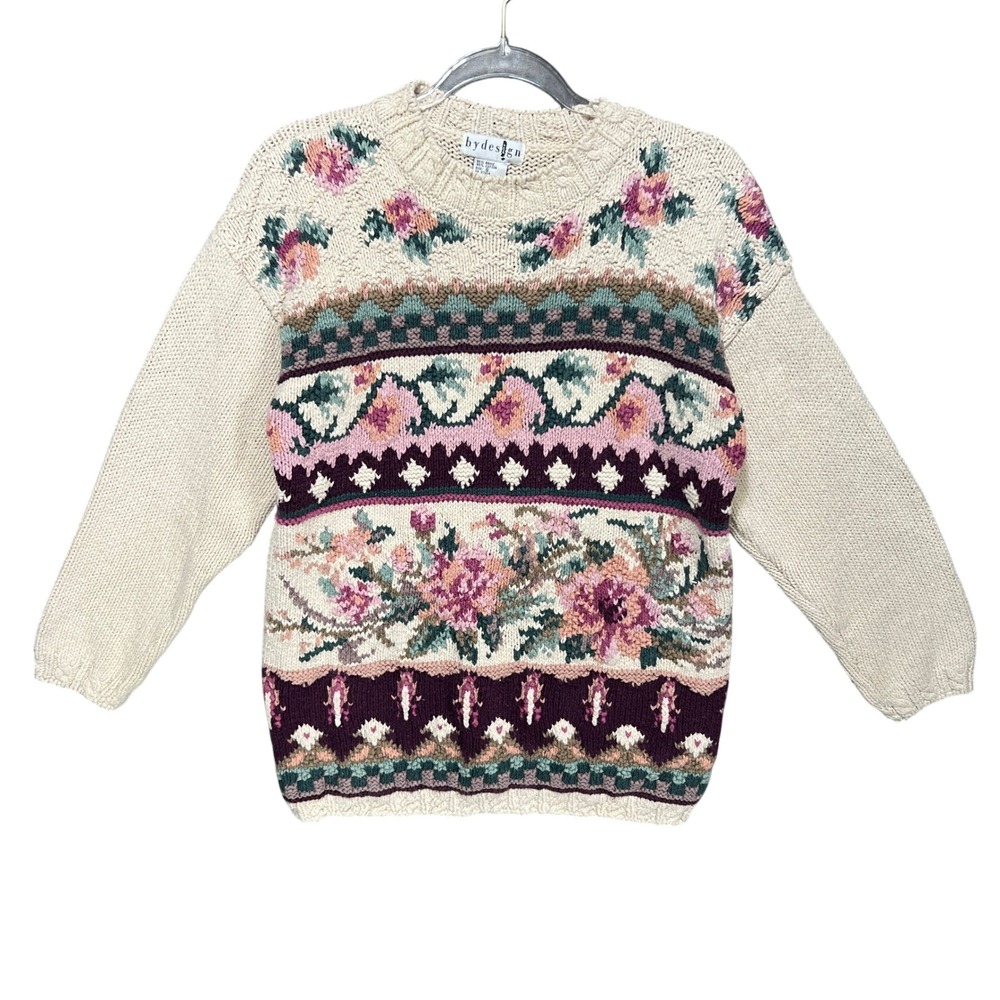 Vintage Floral Ramie Cotton Chunky Knit Sweater Cream Pink Purple Small Cottage